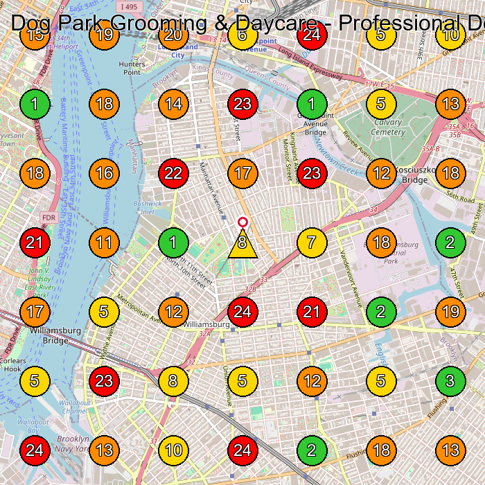 Dog Park Grooming & Daycare - Professional Dog Grooming & Daycare Services Pet Groomer GeoGrid ranking map for Brooklyn NY